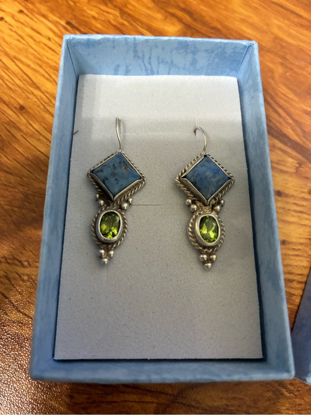 Sterling Drop Earrings with Blue and Peridot-Green Gemstones
